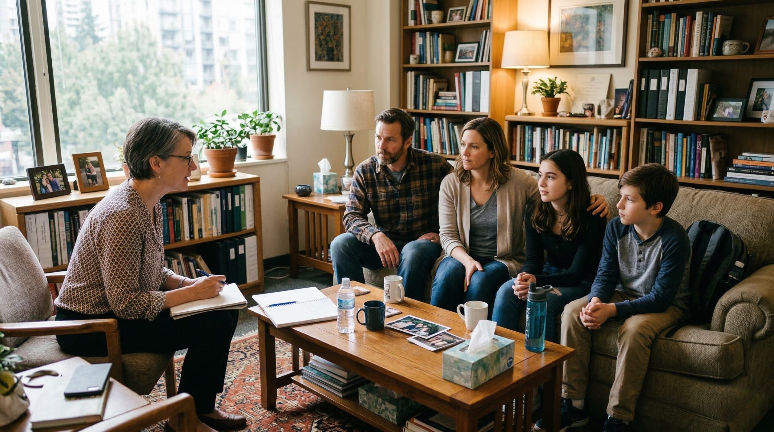 Family participating in a counseling session with a therapist in a comfortable office setting, illustrating how to find a qualified family therapist in Fort Collins