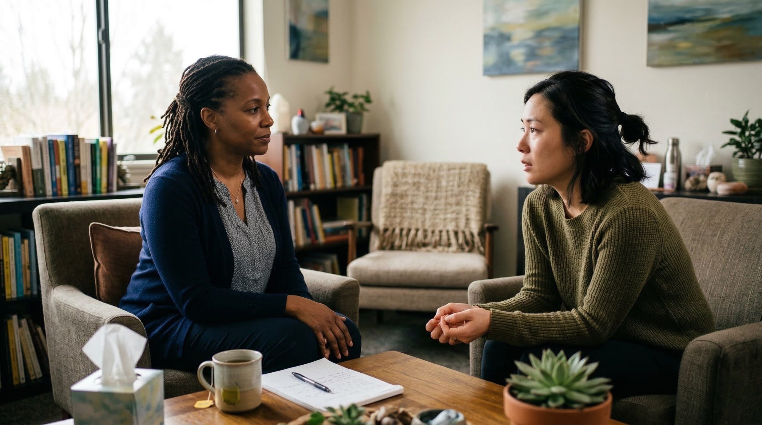 Therapist and client in a calm counseling session discussing trauma recovery—What Is A C-PTSD Specialist? A Guide To Specialized Trauma Therapy In Windsor