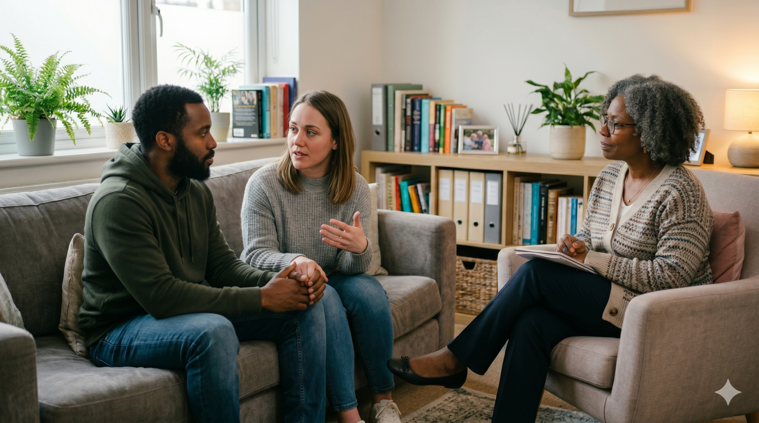 A couple discussing relationship challenges with a licensed therapist at the Colorado Center for Trauma and Attachment.