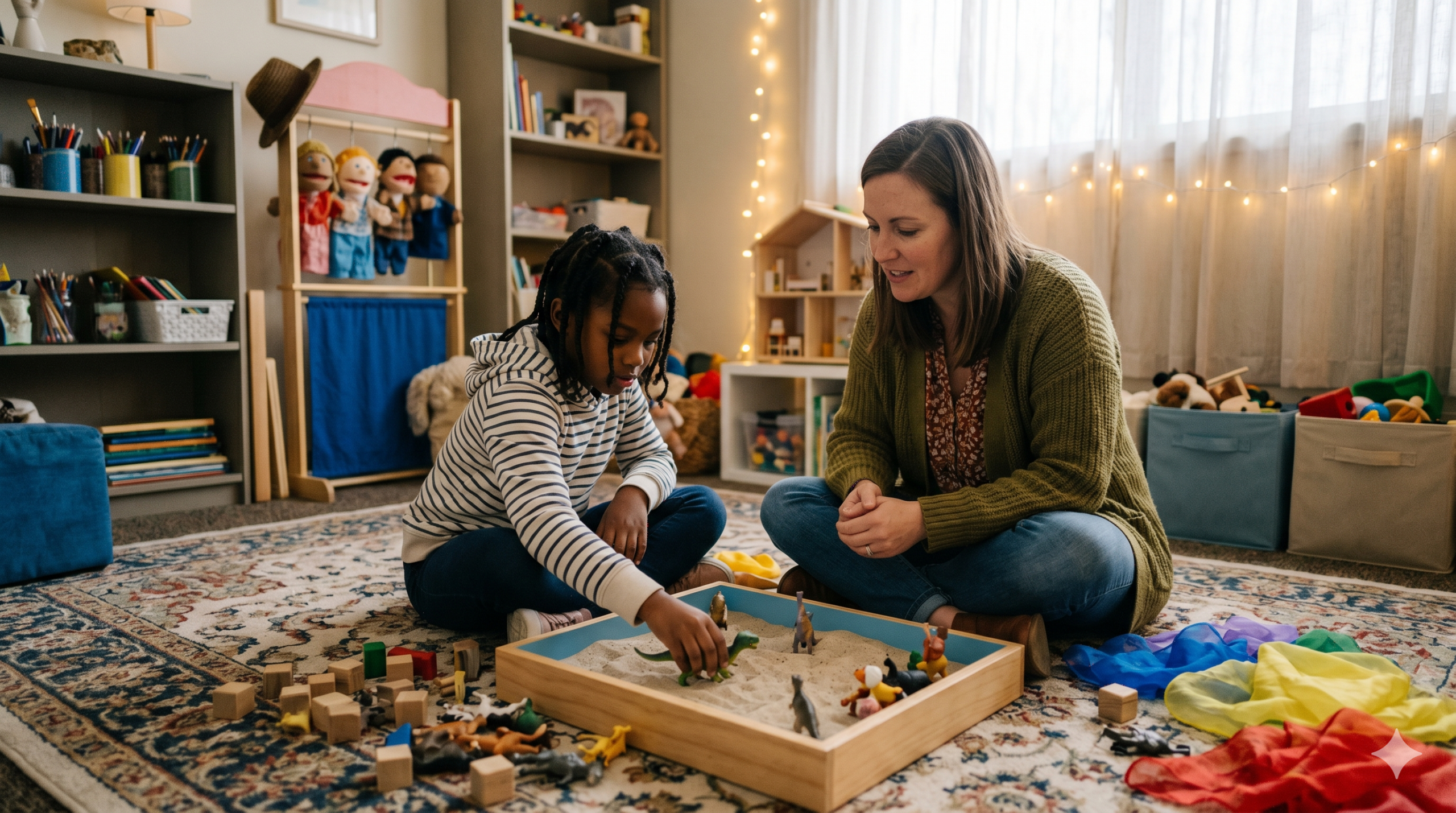 trauma recovery northern colorado; A child and therapist engaging in sand tray therapy to improve attachment and emotional regulation in Greeley, CO