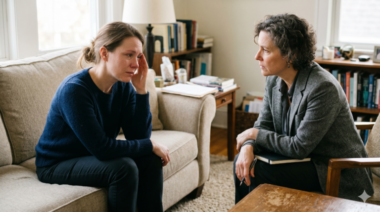 A therapist providing compassionate support to a client dealing with emotional distress in a comfortable office setting.