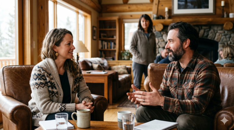 Adults in their 40s and 50s engaged in a dating after 40 workshop in Northern Colorado at a private lodge venue
