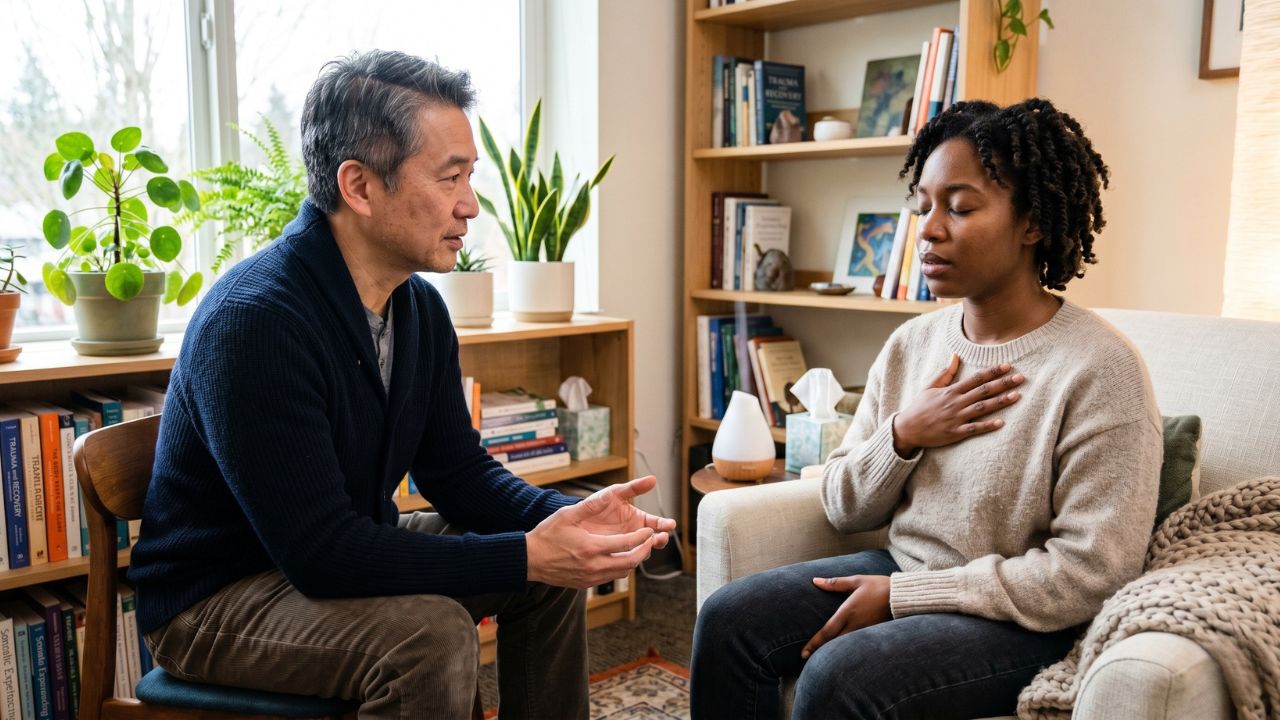 Therapist supporting a couple during trauma-informed relationship counseling in Greeley, Colorado.